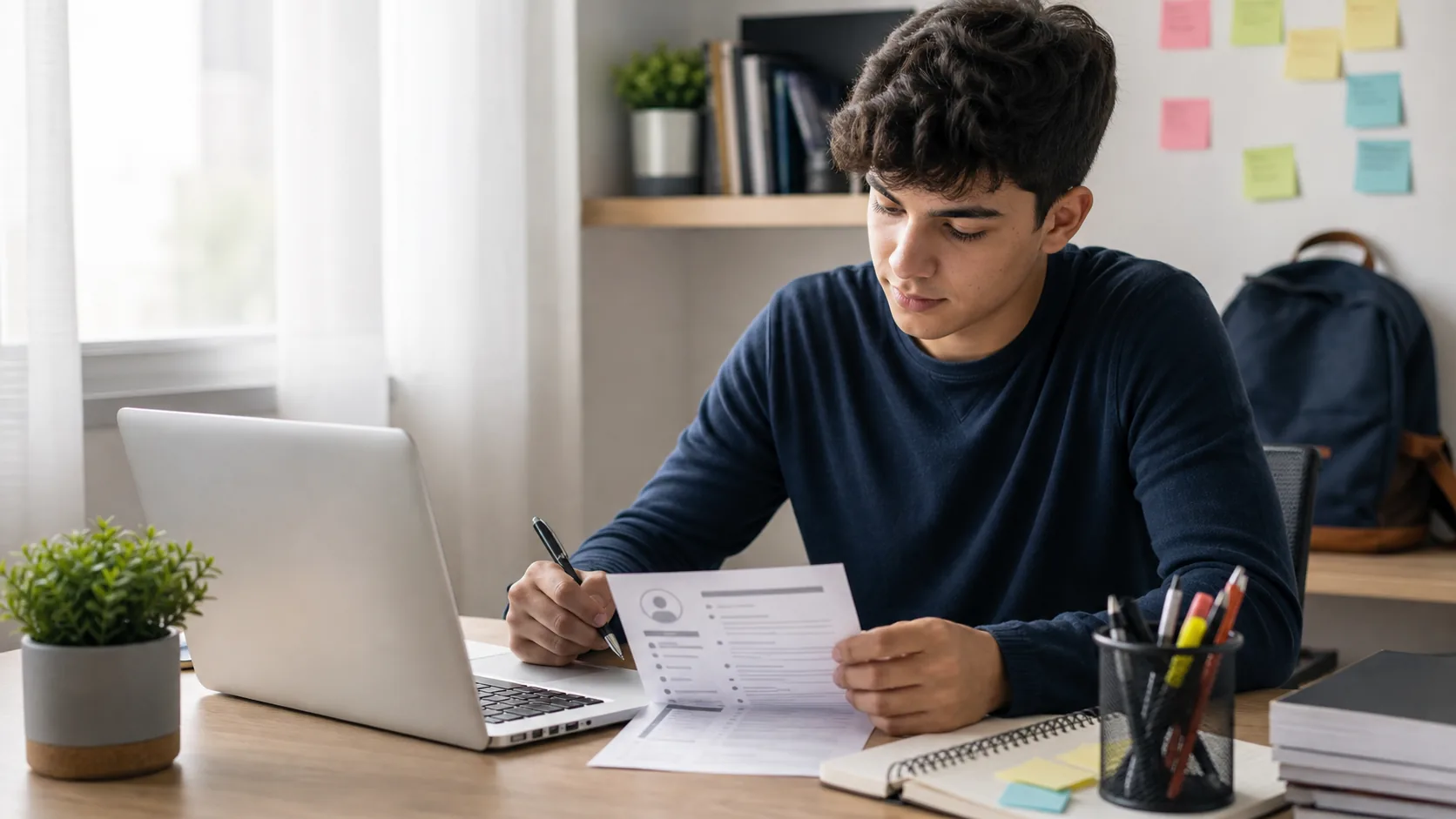 Estudante preenchendo um currículo para conquistar o primeiro emprego
