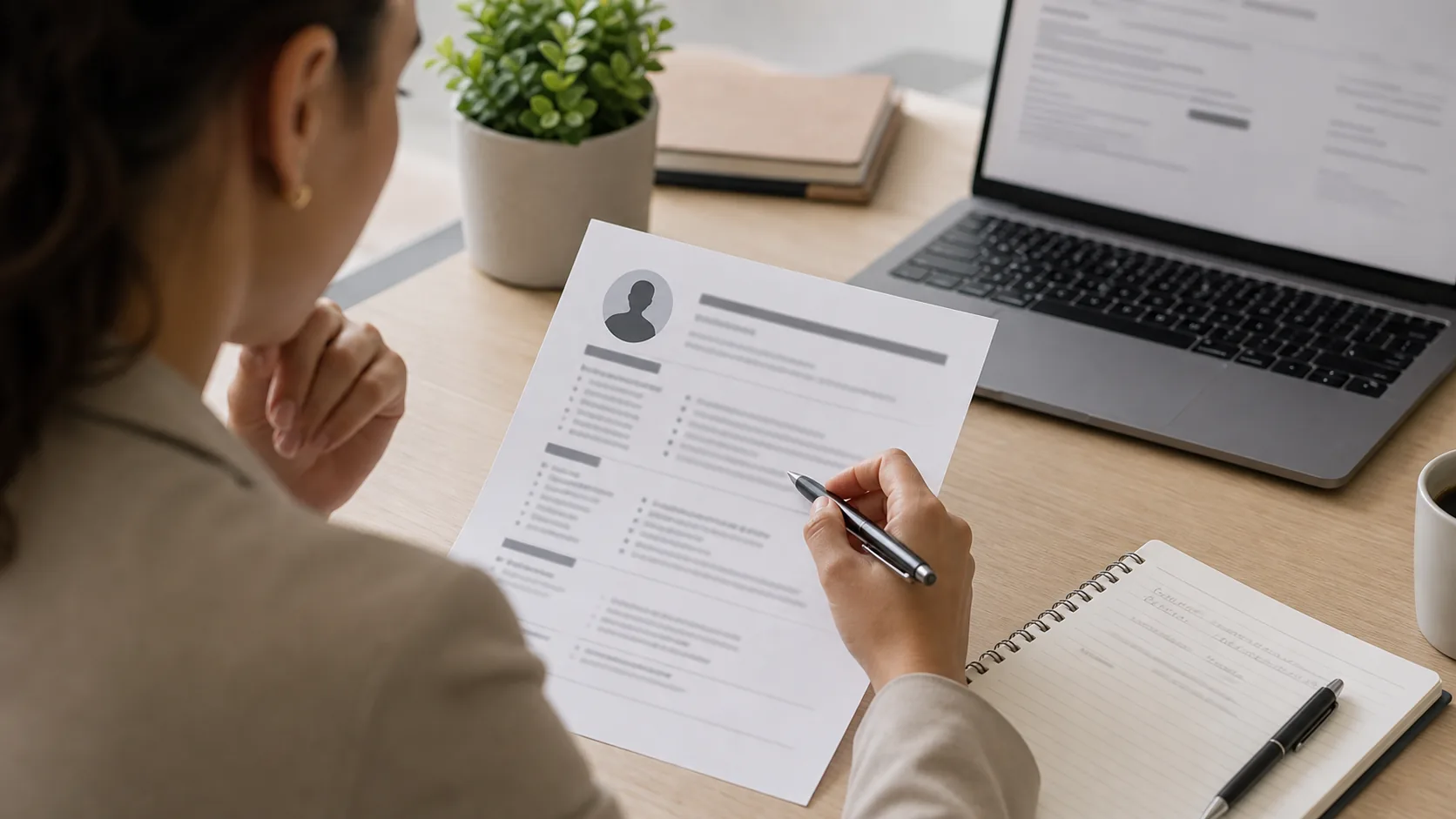 Currículo aberto em um notebook sobre uma mesa de escritório
